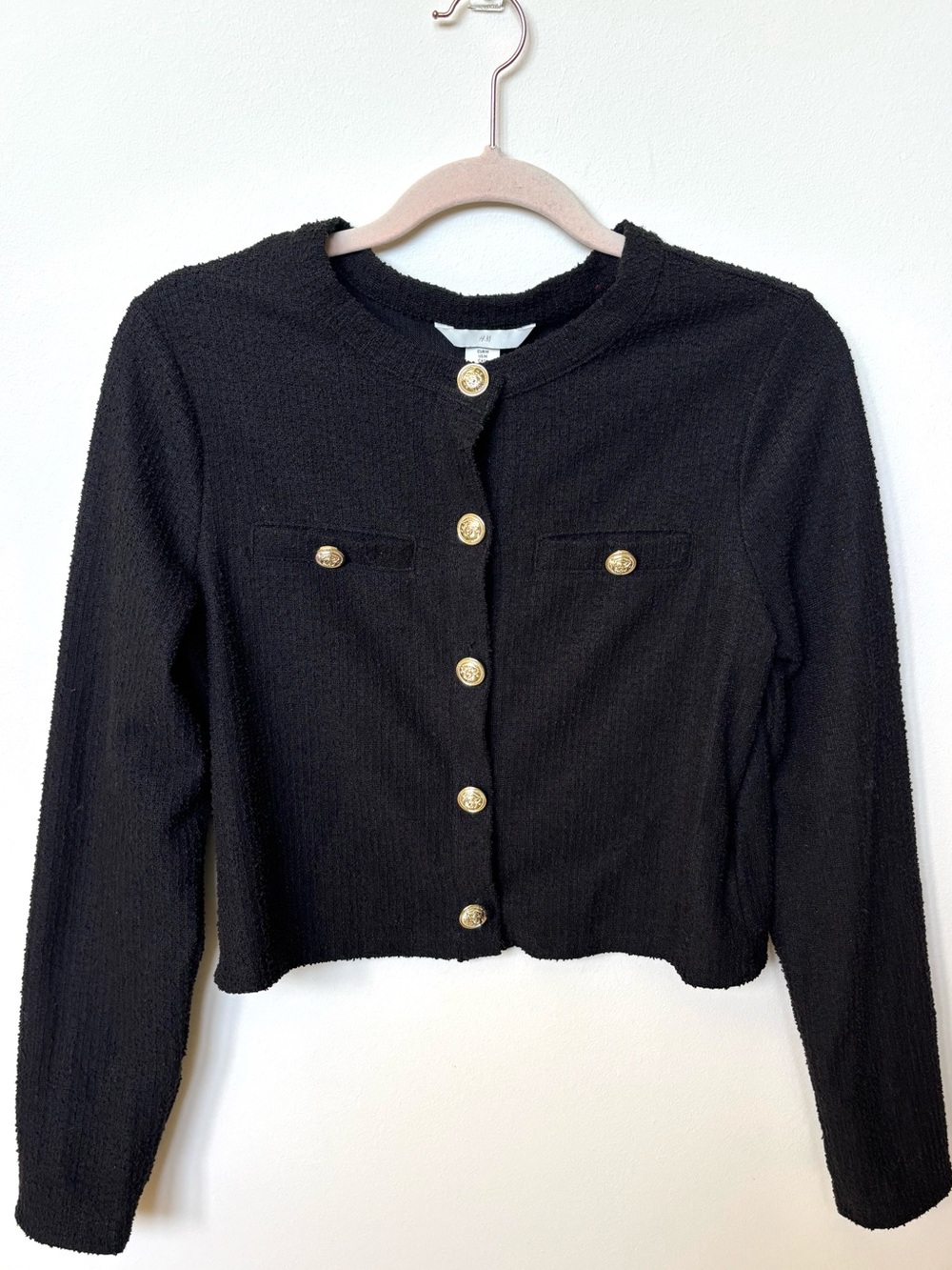 H&M black tweed look jacket gold buttons M old money Chanel vibes luxury preppy